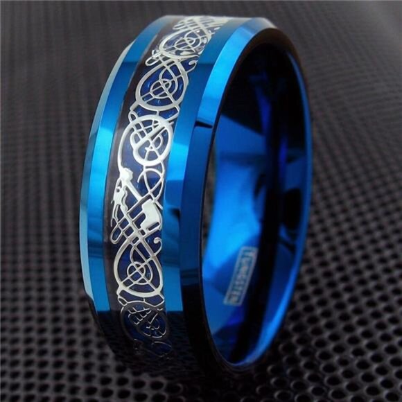 Men's Wedding Band Ring - Blue Celtic Dragon Carbon Fiber - Wedding Rings - Picture 6 of 6